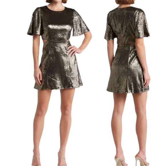 French Connection Alara Metallic Flutter Sleeve Cutout Minidress Gold Size 2 NWT - Picture 10 of 10